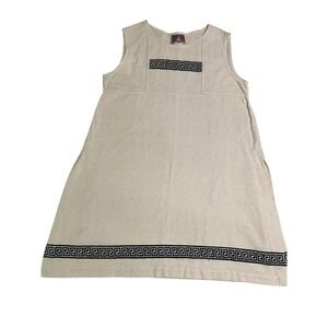 Vintage Tibet Brand Nepal Cotton Dress L Cream Greek Key Geometric Trim Midi